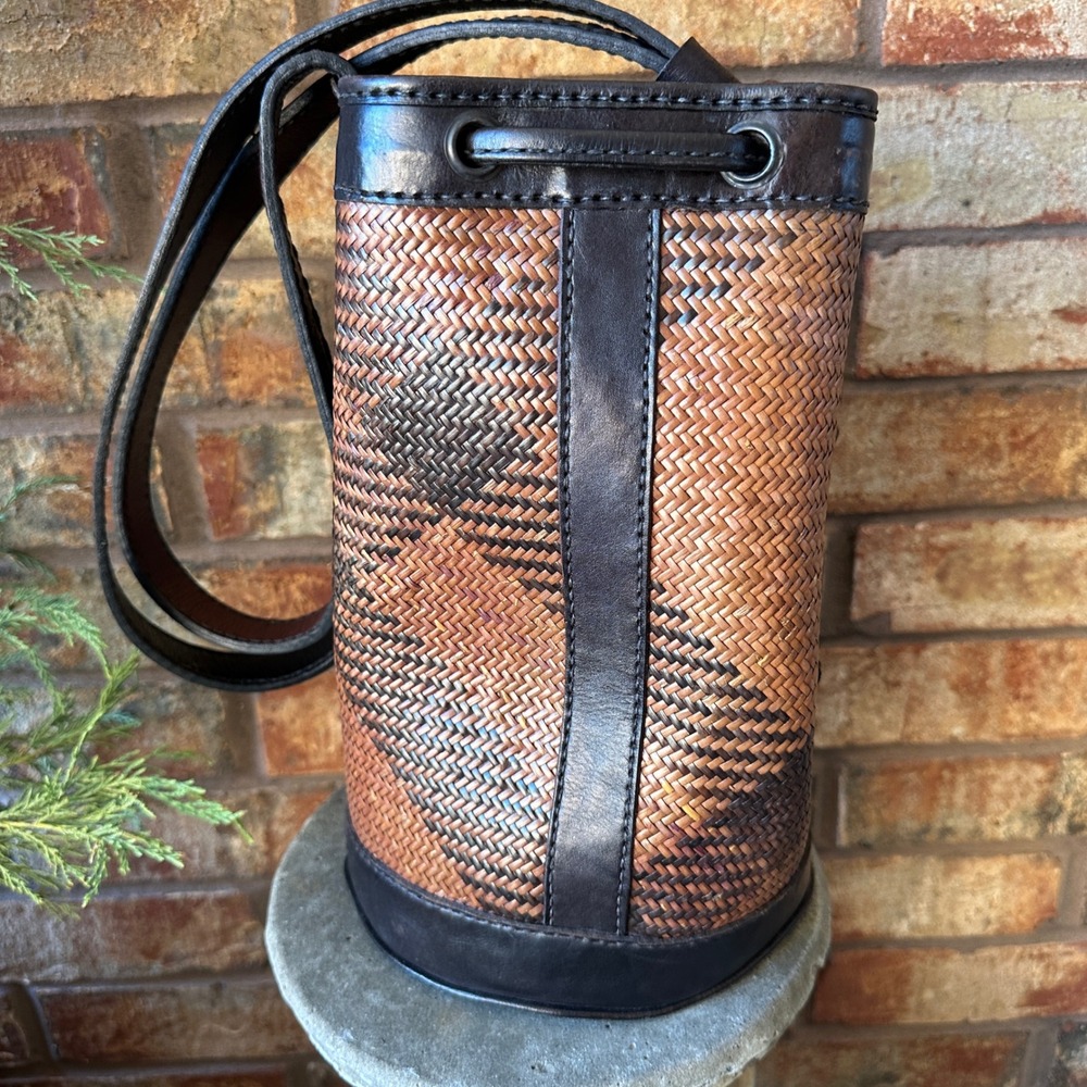 Woven Leather Drawstring Bucket Bag Brown Black Shoulder Bag Handbag Basket - Picture 8 of 10